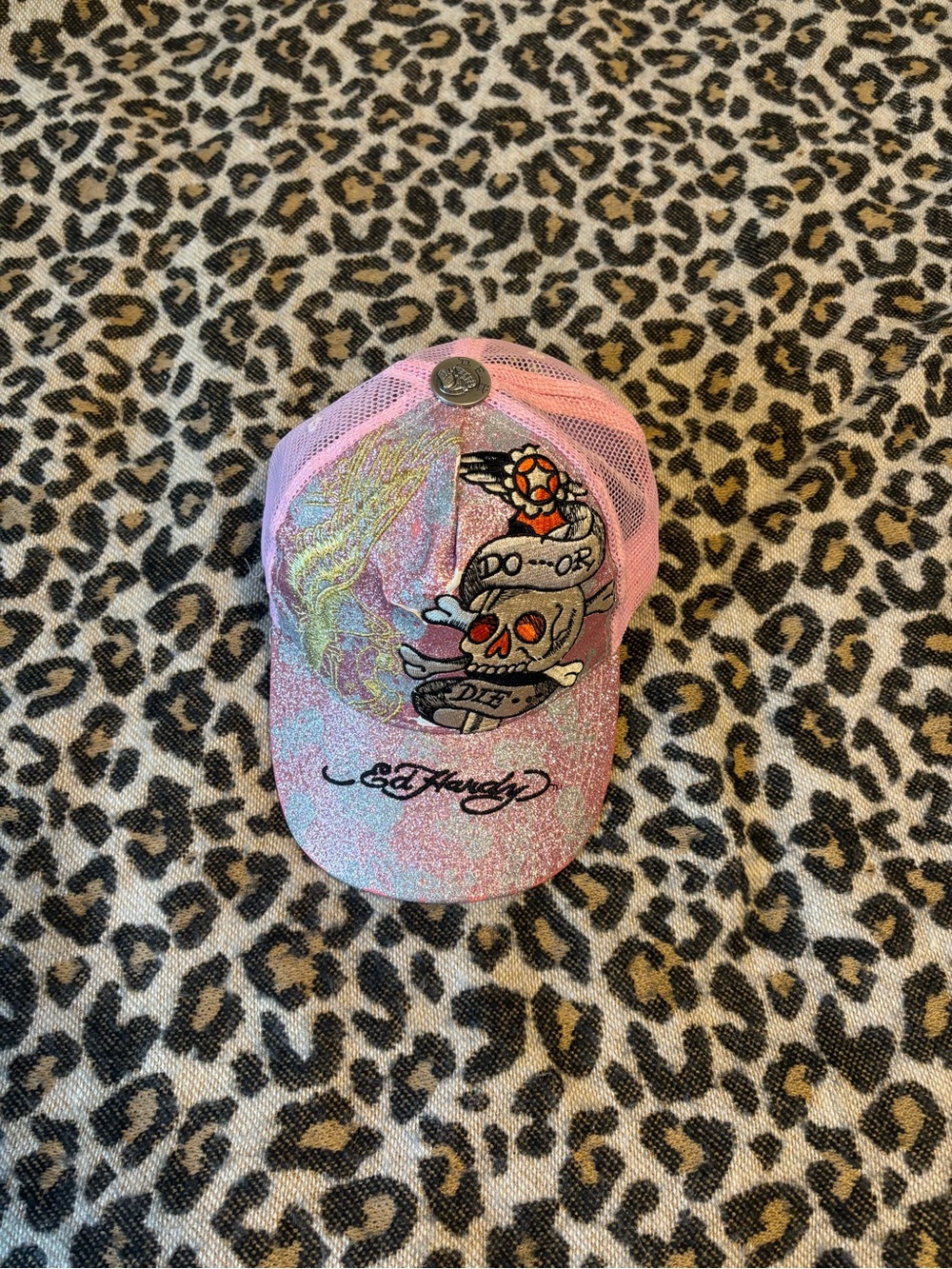 Ed Hardy Pink Glitter Skull Trucker Cap with Embroidered Logo